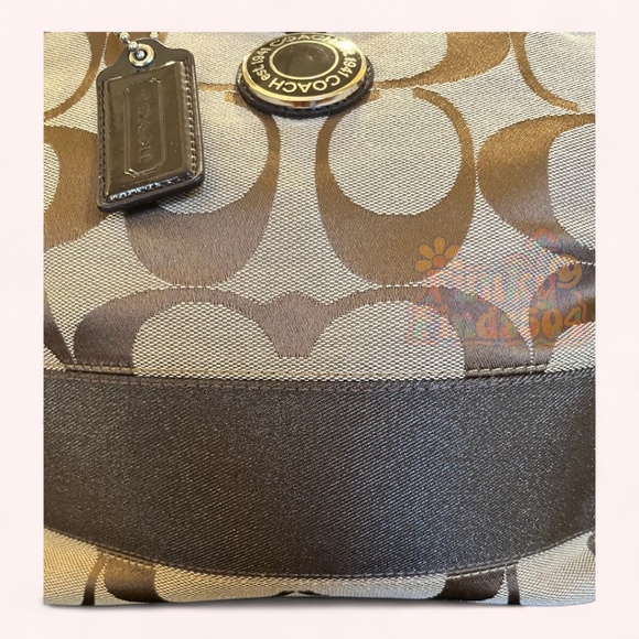 Coach Signature Stripe Tote F19046 Khaki Brown Canvas Leather Trim Purse Bag - Picture 11 of 14